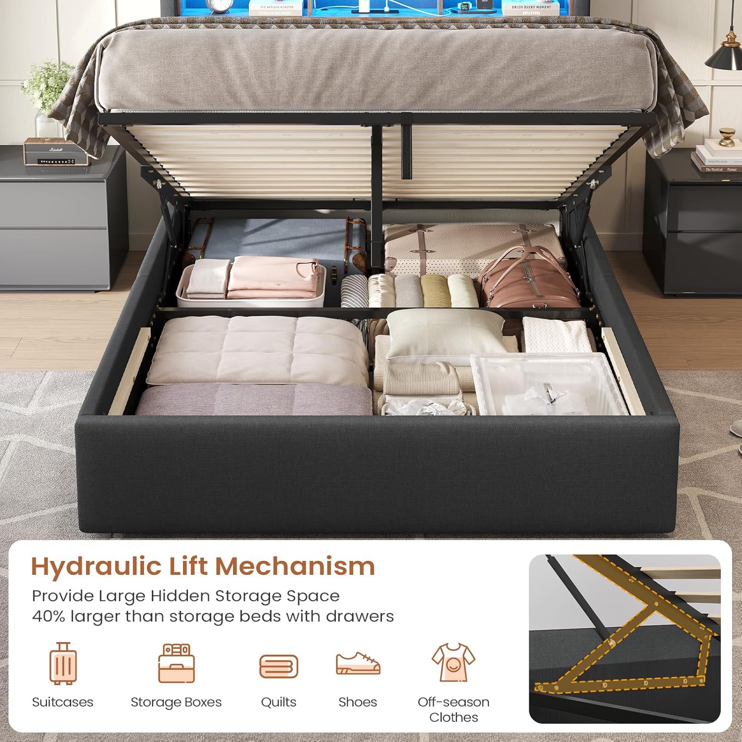 Double Ottoman Bed Frame with Hydraulic Storage,Charging Station and Led Lights 4ft6 Upholstered Platform Bed Frame with Storage Headboard,Sturdy Wood Slats,Grey-135x190 cm(No Mattress)