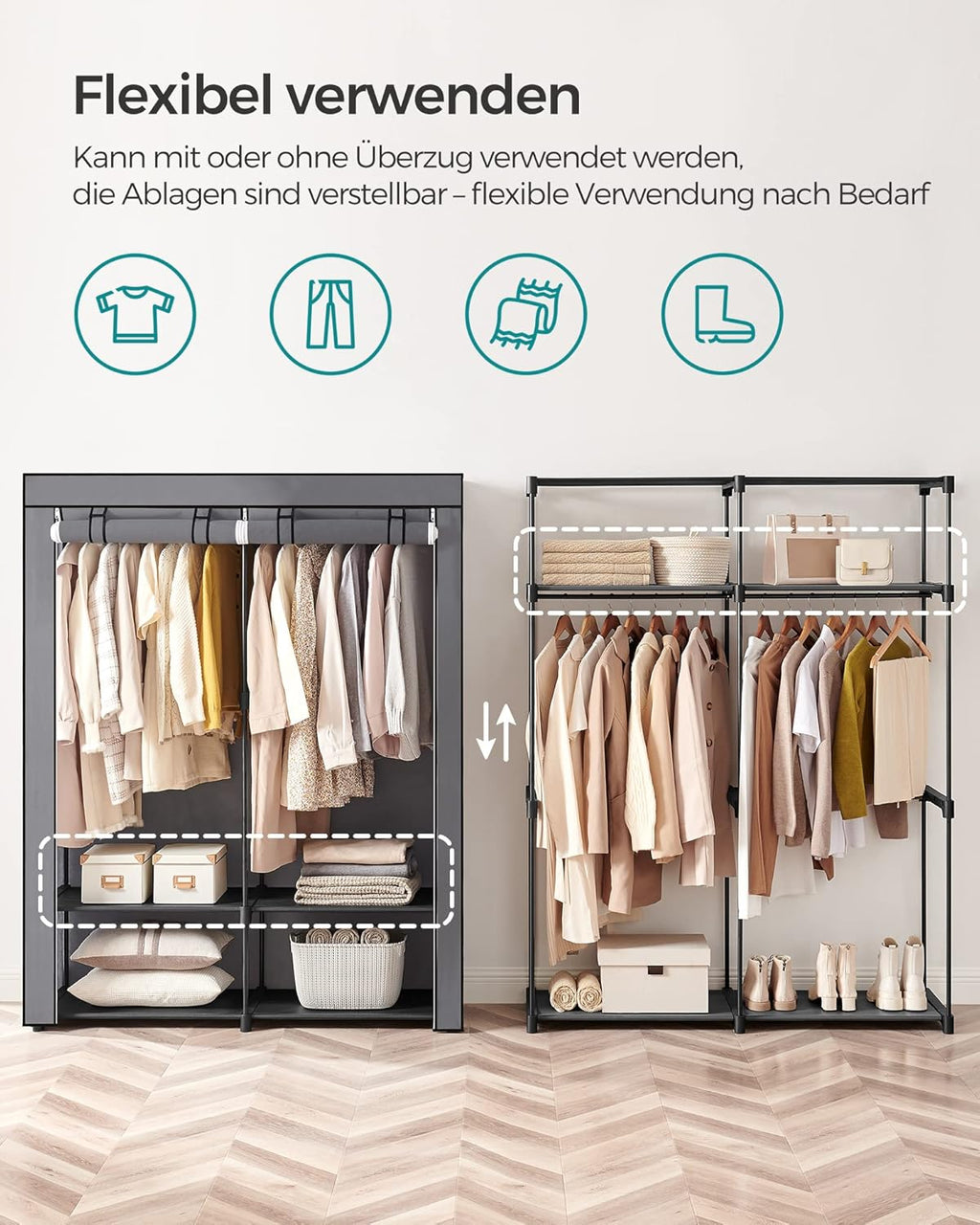 Portable Foldable Fabric Storage Wardrobe with Hanging Rail