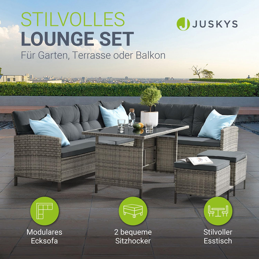 Rattan Garden Lounge Set with Corner Sofa, Dining Table & Stools