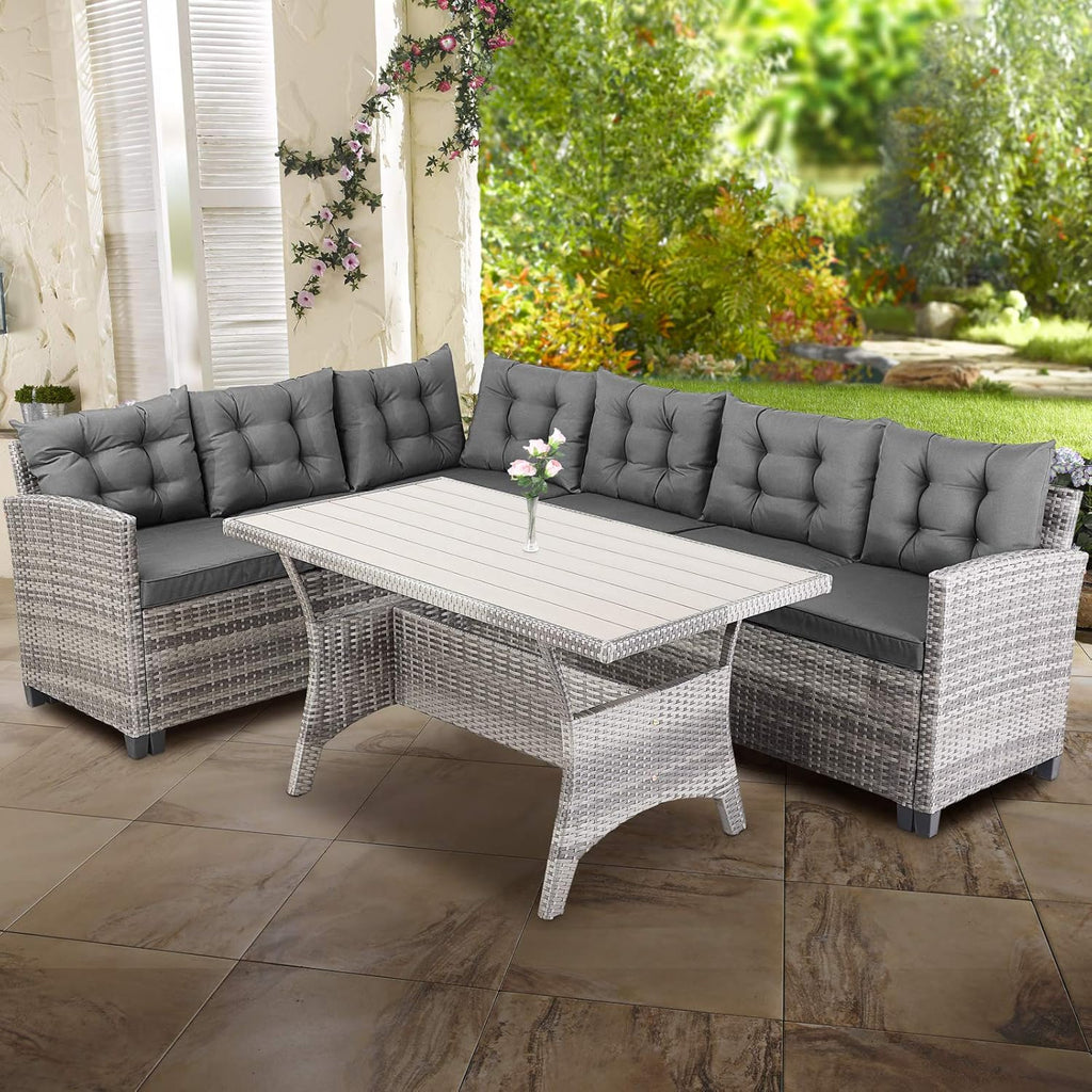 Rattan Garden Lounge Set with Corner Sofa, Dining Table & Cushions