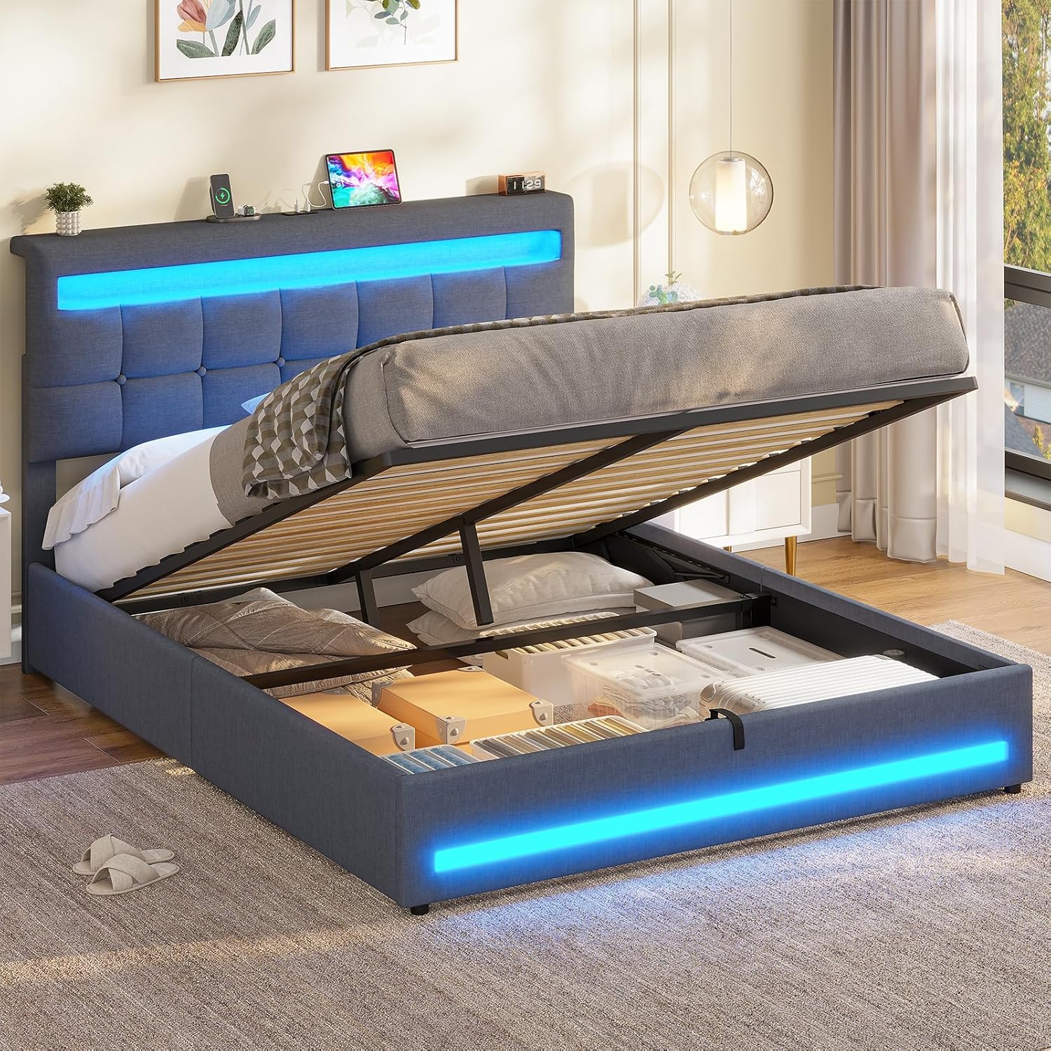 Double Ottoman Bed Frame 135×190 cm with Charging Station &amp; LED Lights