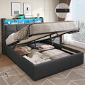 Double Ottoman Bed Frame with Hydraulic Storage,Charging Station and Led Lights 4ft6 Upholstered Platform Bed Frame with Storage Headboard,Sturdy Wood Slats,Grey-135x190 cm(No Mattress)