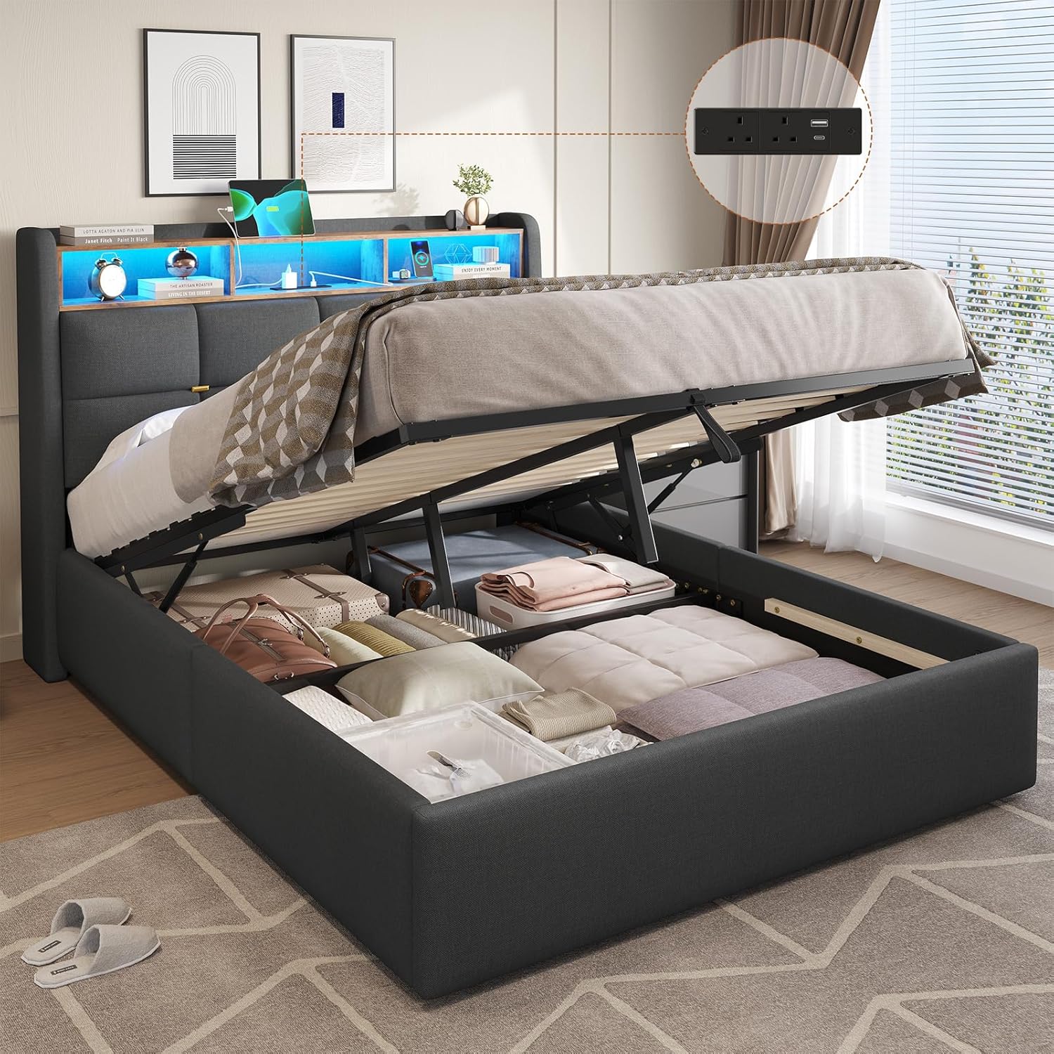 Double Ottoman Bed Frame with Hydraulic Storage,Charging Station and Led Lights 4ft6 Upholstered Platform Bed Frame with Storage Headboard,Sturdy Wood Slats,Grey-135x190 cm(No Mattress)