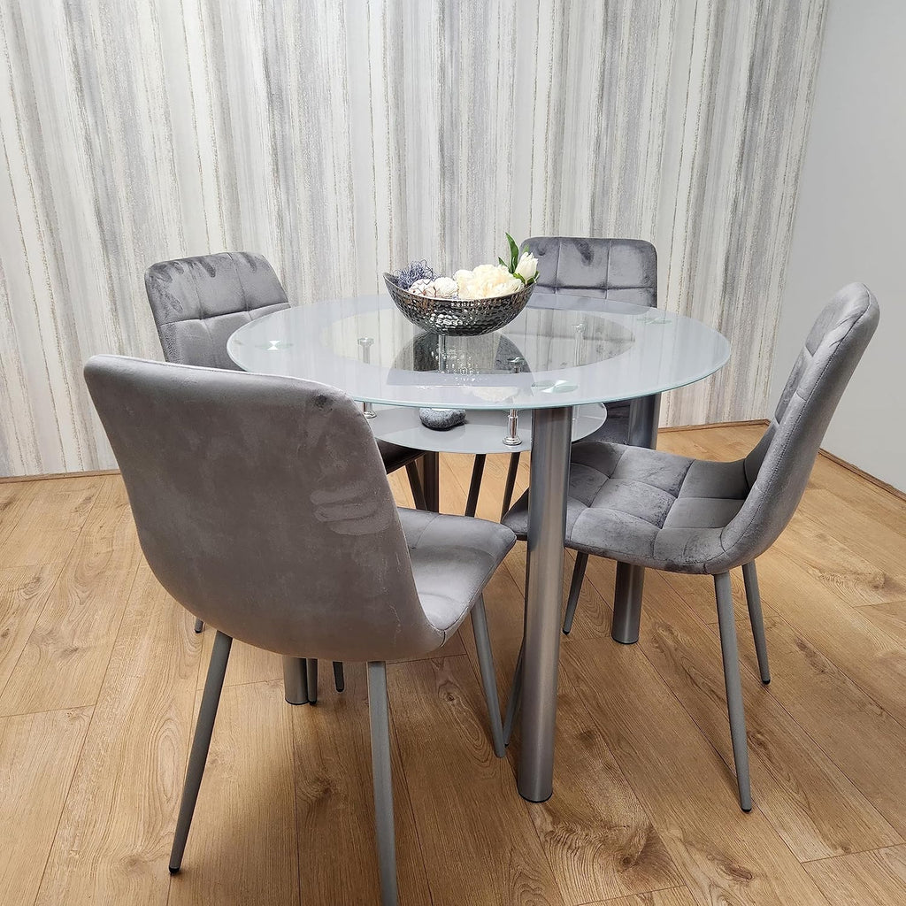 Round Dining Table and Chairs Set - Frosted Tempered Glass Kitchen Table with 4 Grey Velvet Dining Chairs - Modern 4 Seater Kitchen Room Furniture - 90 x 90 x 75 cm