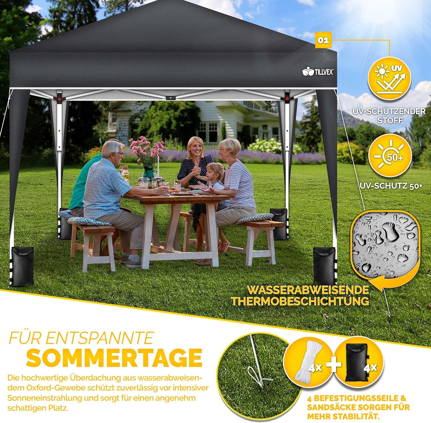 3×3m Waterproof Pop-Up Gazebo, Height-Adjustable
