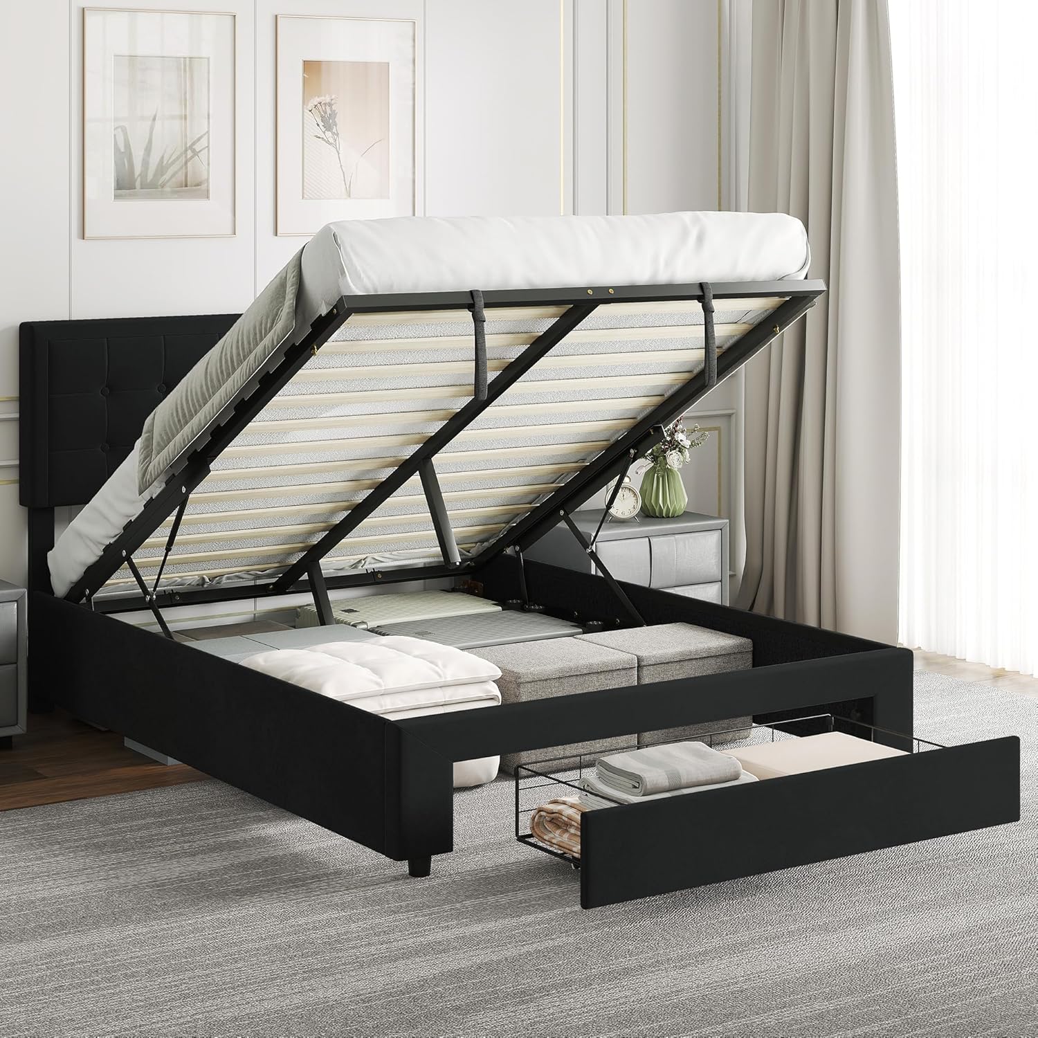 Ottoman Bed with Storage Drawer and Adjustable Headboard