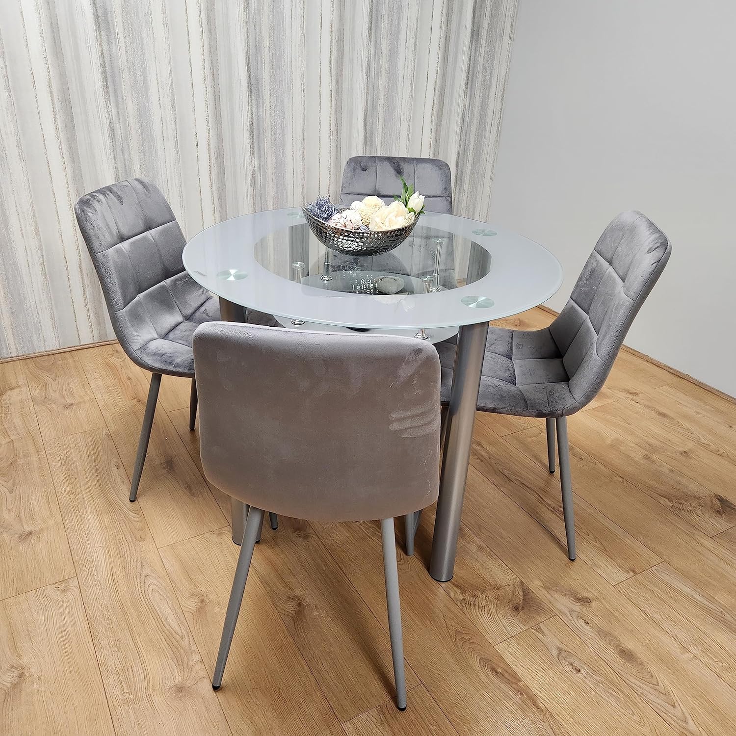 Round Dining Table and Chairs Set - Frosted Tempered Glass Kitchen Table with 4 Grey Velvet Dining Chairs - Modern 4 Seater Kitchen Room Furniture - 90 x 90 x 75 cm